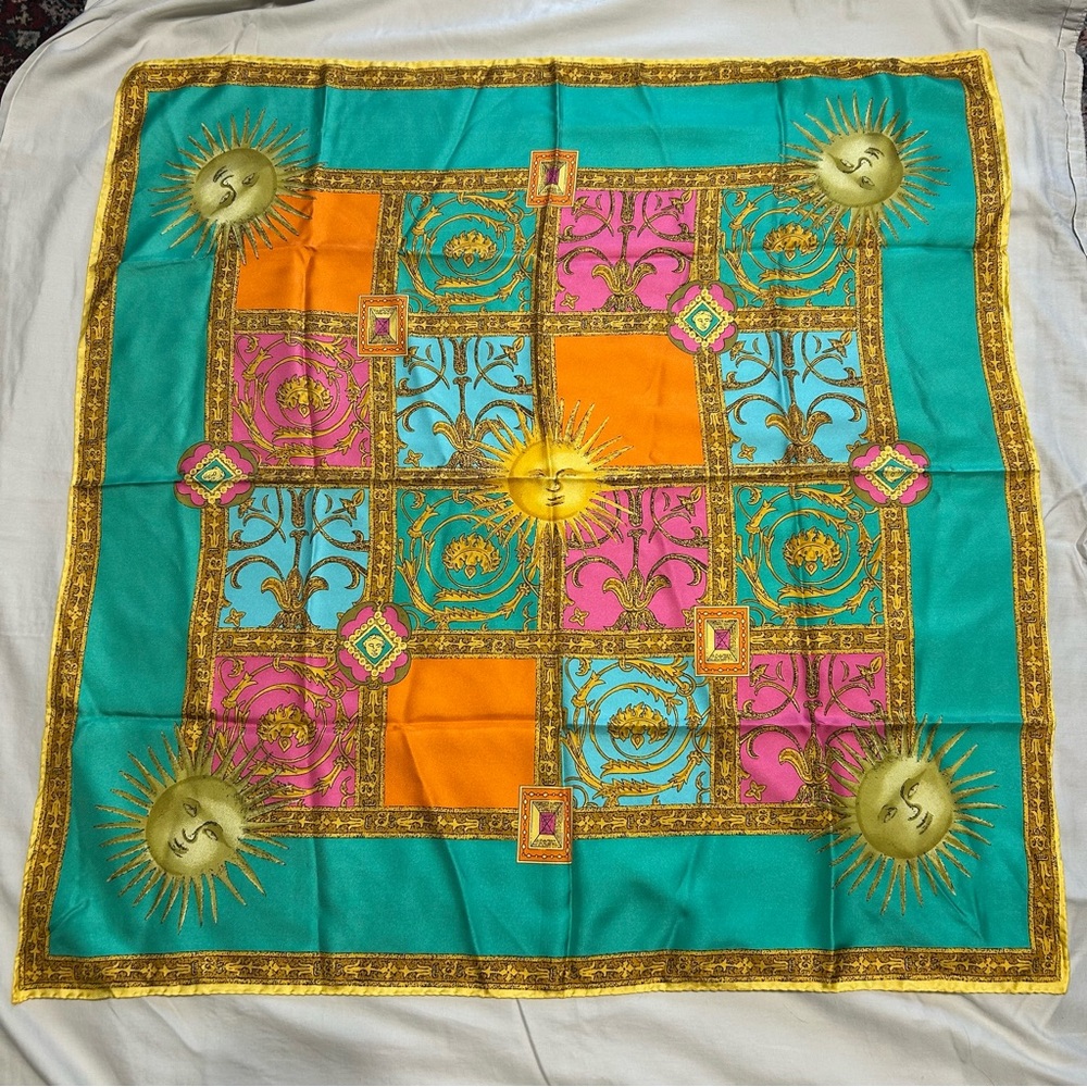 Vintage Italian Silk Scarf EUC Barocco Sun Pattern Green, Orange Blue Pink